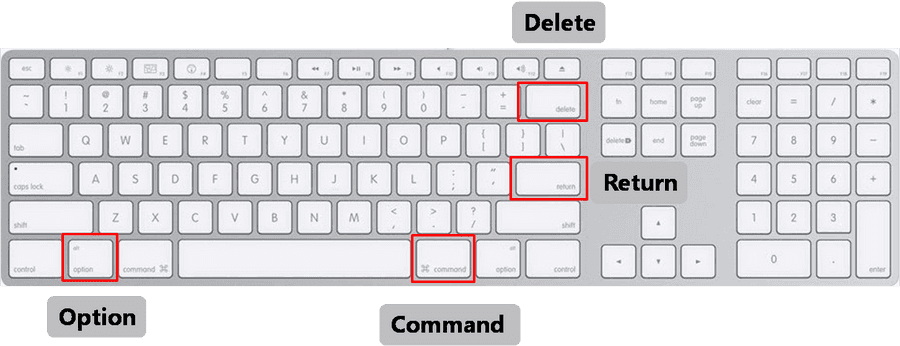 鍵盤 桌布 壁紙 — 時尚的銀色電腦鍵盤，突出顯示 delete return option 和 command 鍵，清晰易辨。