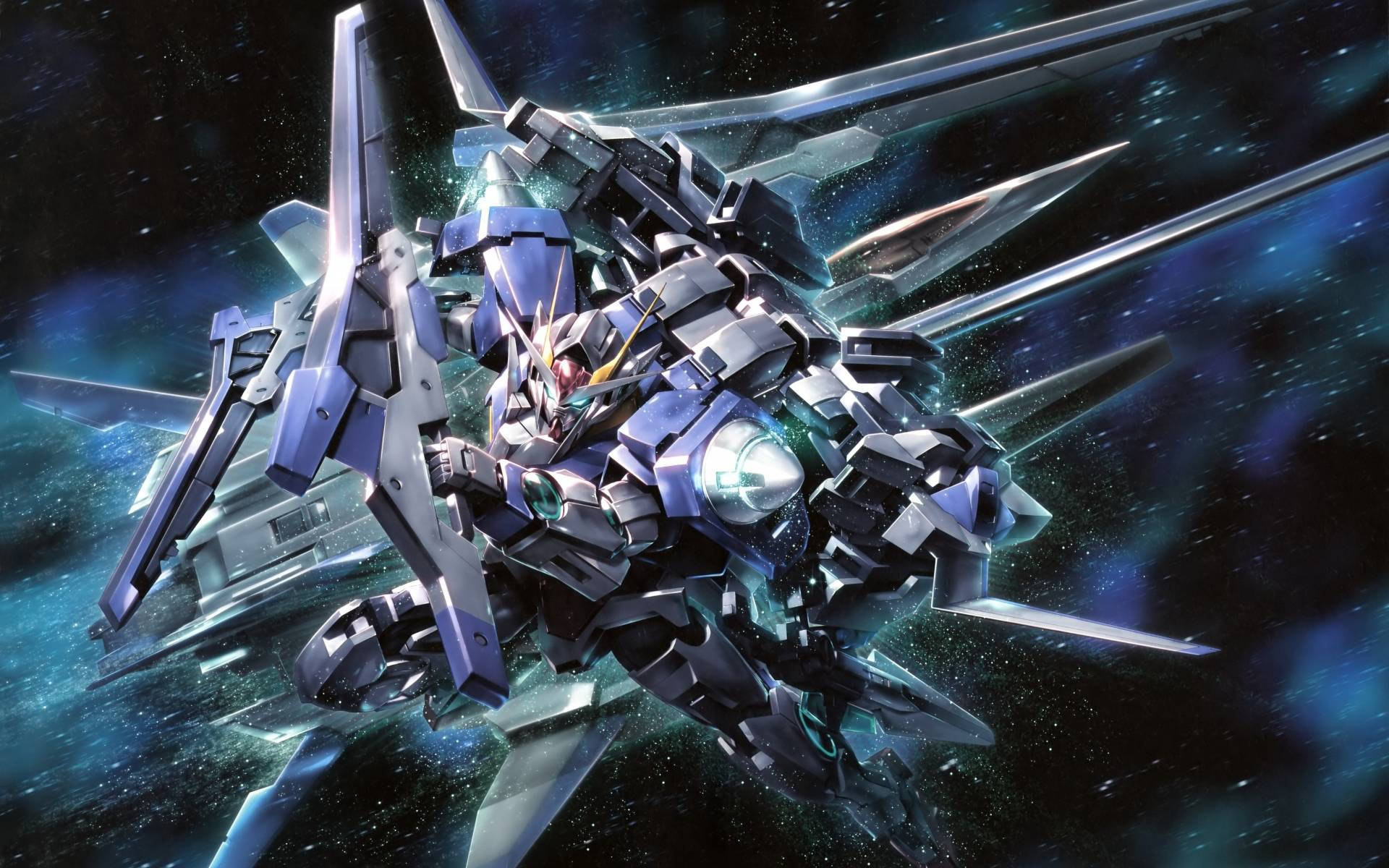 機動戰士鋼彈 桌布 壁紙 — 時尚的銀藍色機動戰士在星空宇宙背景下散發能量。