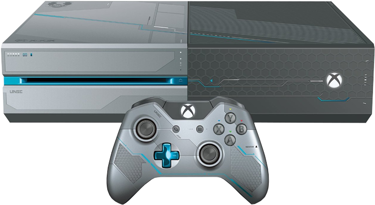 Xbox 桌布 壁紙 — 時尚的銀黑色 Xbox 主機，配備相配的控制器，帶有藍色發光點綴和 UNSC 品牌標誌。