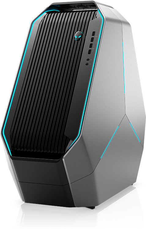 Gaming Pc 桌布 壁紙 — 時尚的銀黑色Alienware遊戲PC主機，帶有發光藍色點綴和反光表面。