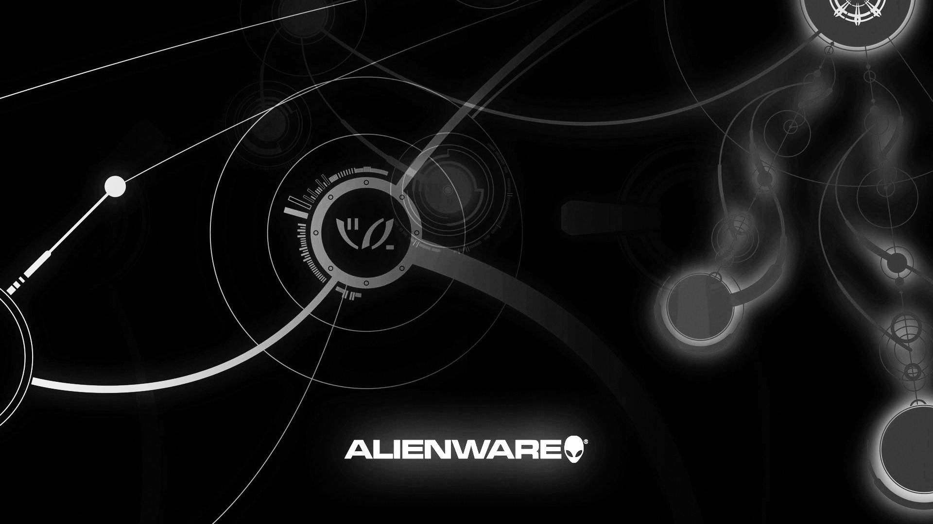 white alienware 桌布 壁紙 — 時尚的黑白數位桌布，帶有發光的電路線條和未來主義的圓形介面，並配有Alienware標誌。