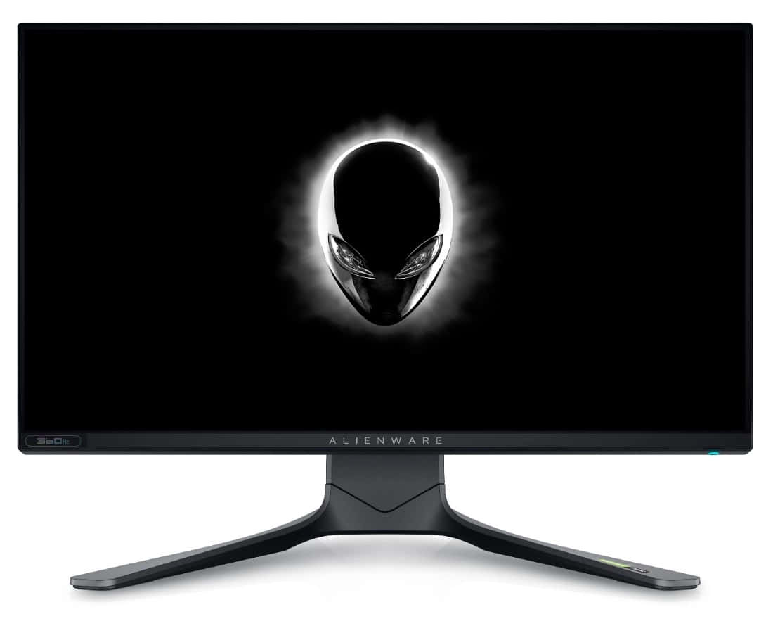 外星人 桌布 壁紙 — 時尚的黑色Alienware顯示器在黑暗屏幕上顯示發光的外星人頭標誌。