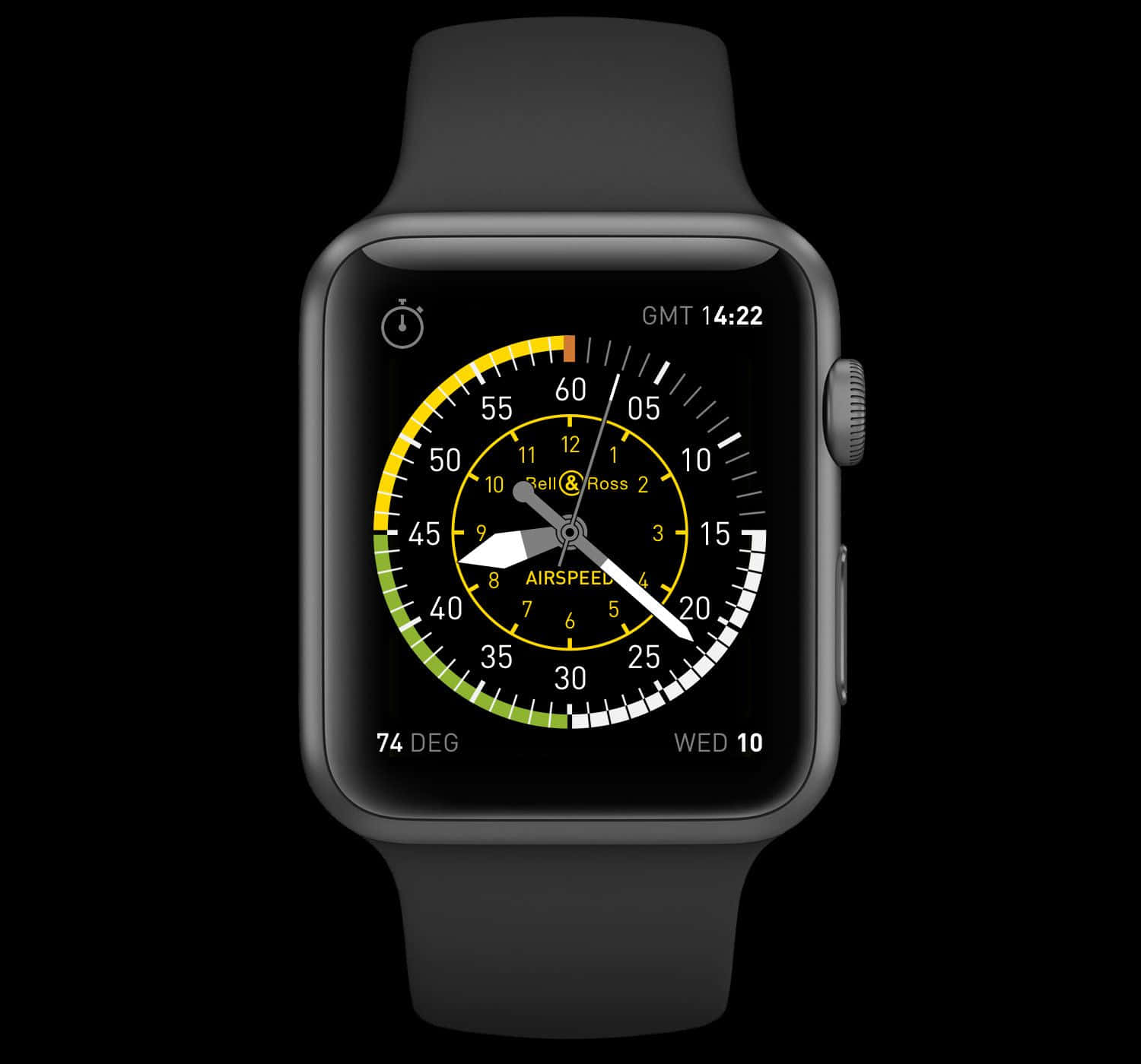 帶有數字空速錶盤的黑色Apple Watch，顯示時間和溫度。 — Apple Watch 動態 壁紙