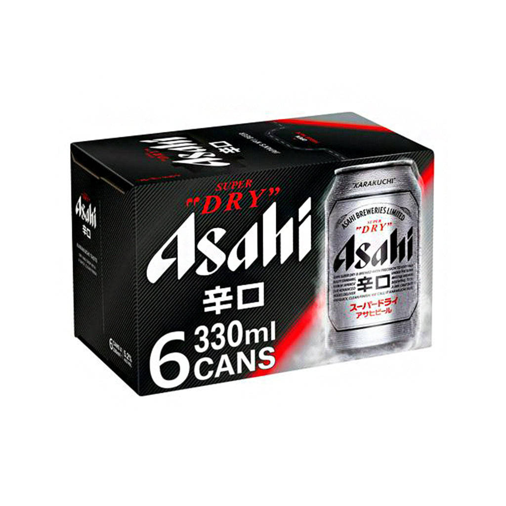 Beer 桌布 壁紙 — 時尚的黑色和紅色Asahi Super Dry啤酒盒，內含六罐330毫升罐裝，帶有醒目的白色和紅色品牌標誌。