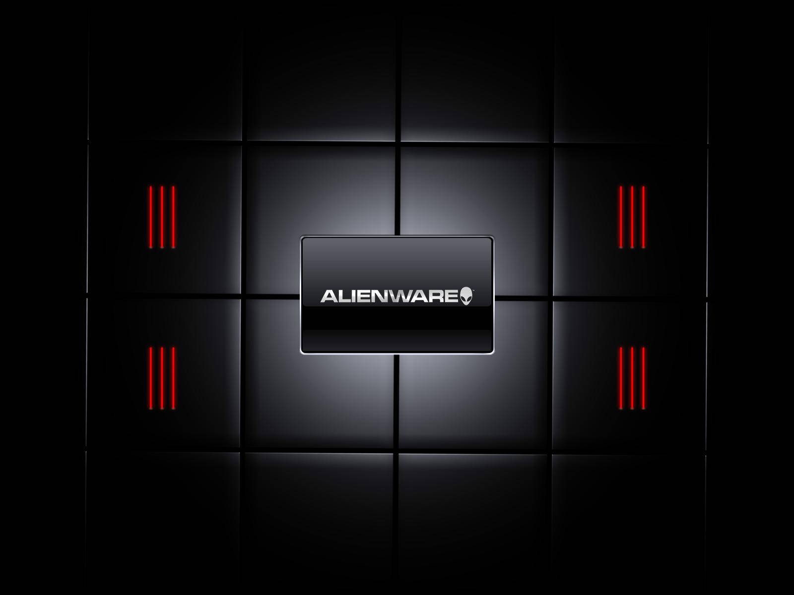 alienware default 桌布 壁紙 — 時尚的黑色瓷磚牆，帶有發光的紅色垂直條紋和中央的Alienware標誌，由柔和的光線照亮。