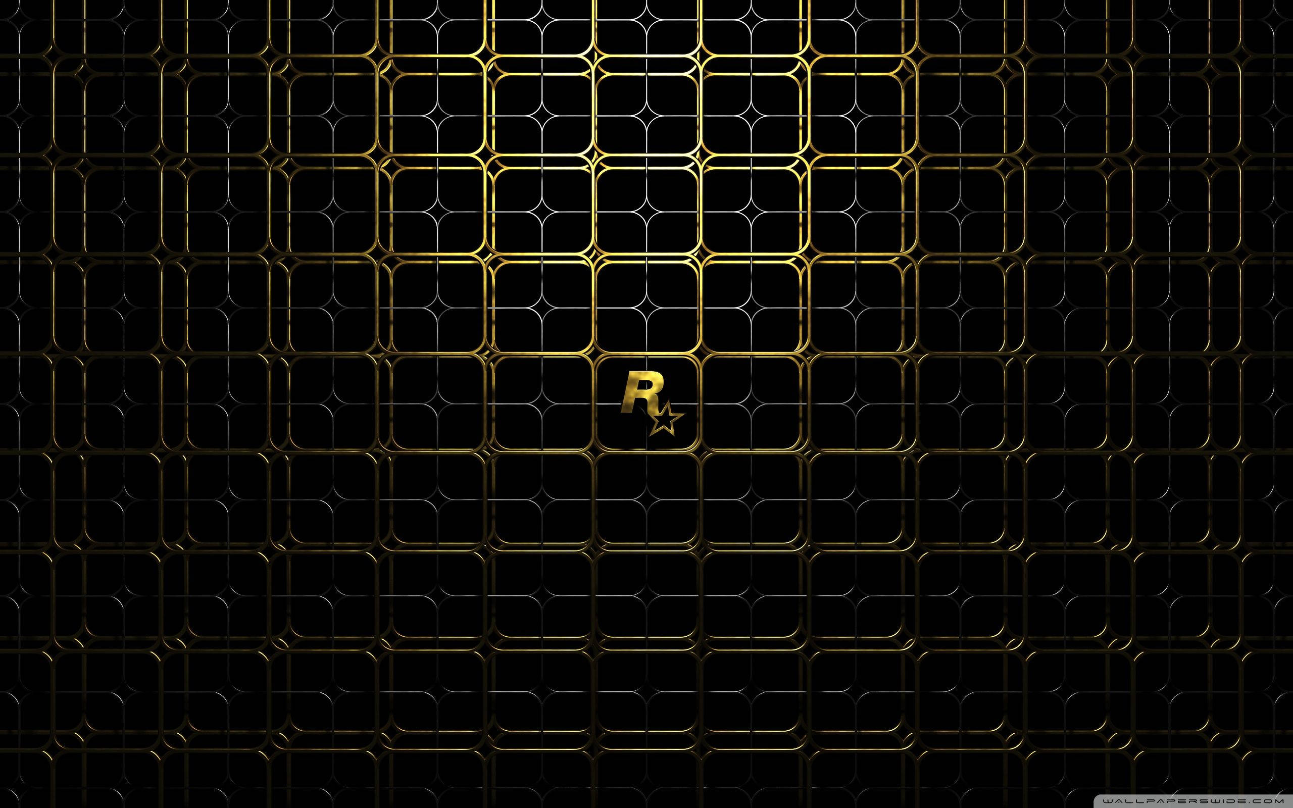 黑金動畫 桌布 壁紙 — 時尚的黑金幾何網格圖案，中央帶有發光的「R」標誌。