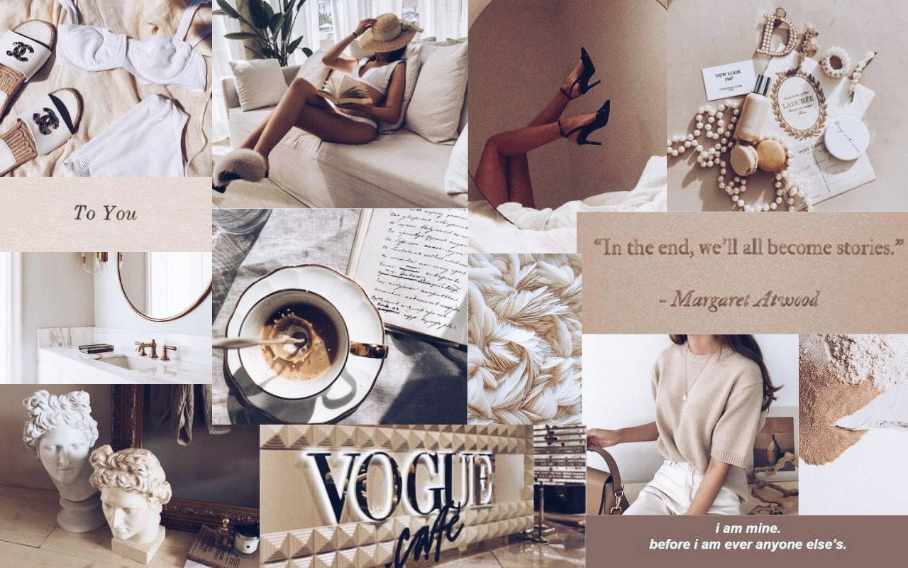 vogue 桌布 壁紙 — 時尚米色調拼貼畫，描繪休閒女性、時尚單品、咖啡、珍珠和 Vogue 咖啡館標誌。