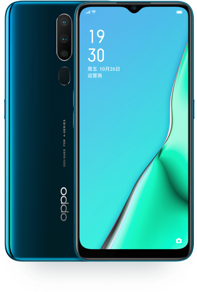 Oppo Mobile 桌布 壁紙 — 時尚藍色 OPPO 智慧型手機前後展示，帶有漸層青綠色螢幕桌布。