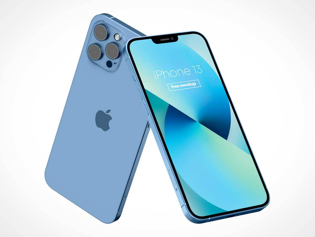 Apple iPhone 預設 桌布 壁紙 — 時尚藍色iPhone 13模型，從正面和背面展示在乾淨的白色背景上。