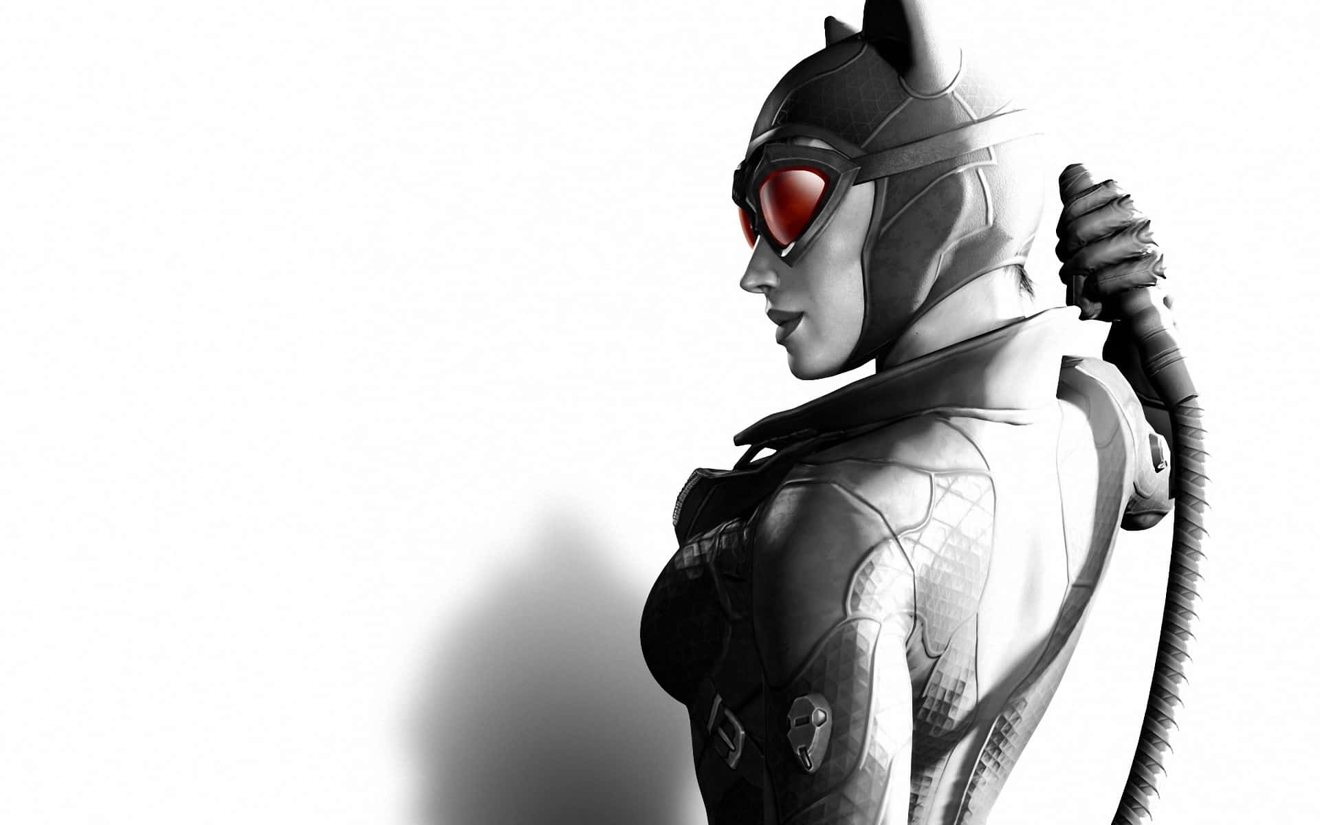 Batman Arkham City 桌布 壁紙 — 時尚貓女郎身穿單色緊身衣，紅色眼睛發光，手持鞭子，在純白背景下蓄勢待發。