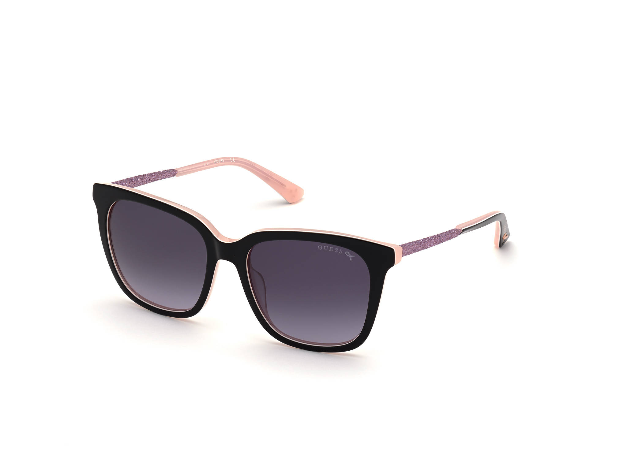 Sunglasses 桌布 壁紙 — 時尚貓眼太陽眼鏡，黑色鏡框搭配閃亮粉紅色鏡腳，置於純白背景上。