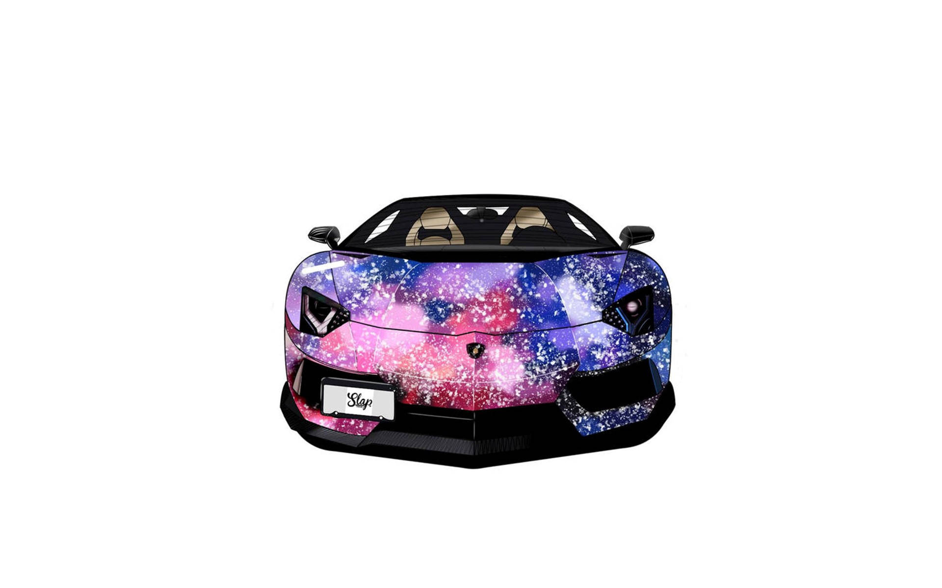 蘭博基尼 桌布 壁紙 — 時尚跑車，採用充滿活力的銀河塗裝，在純白背景上呈現紫色、粉紅色和藍色的漩渦效果。
