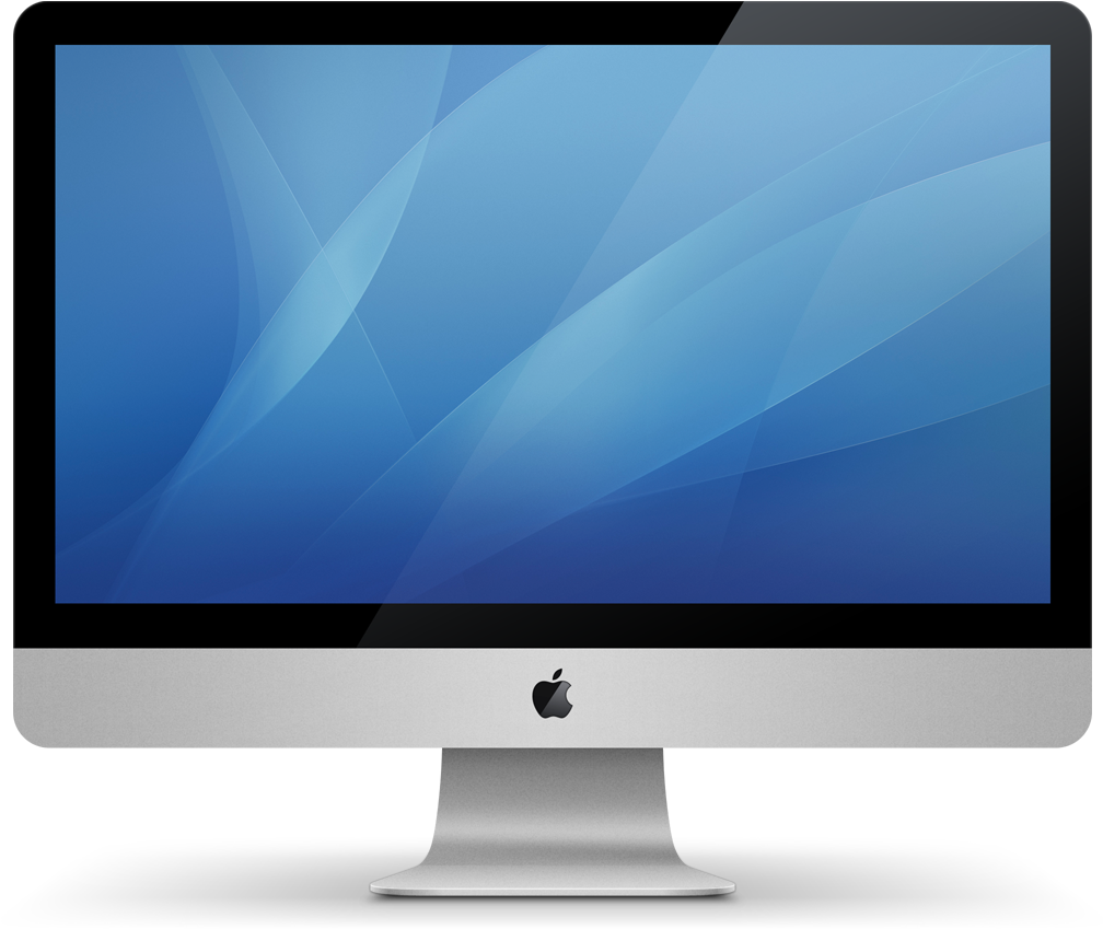 Mac 桌布 壁紙 — 時尚銀色 Apple iMac，配以藍色抽象桌布，顯示流動的光線圖案。