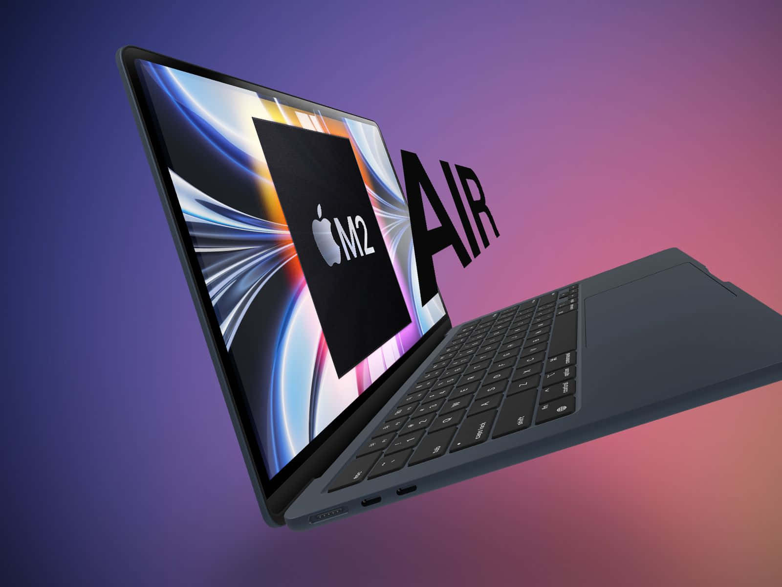 Mac 桌布 壁紙 — 時尚銀色 MacBook Air 配備 M2 晶片，在充滿活力的紫色和粉紅色漸變背景上展示。
