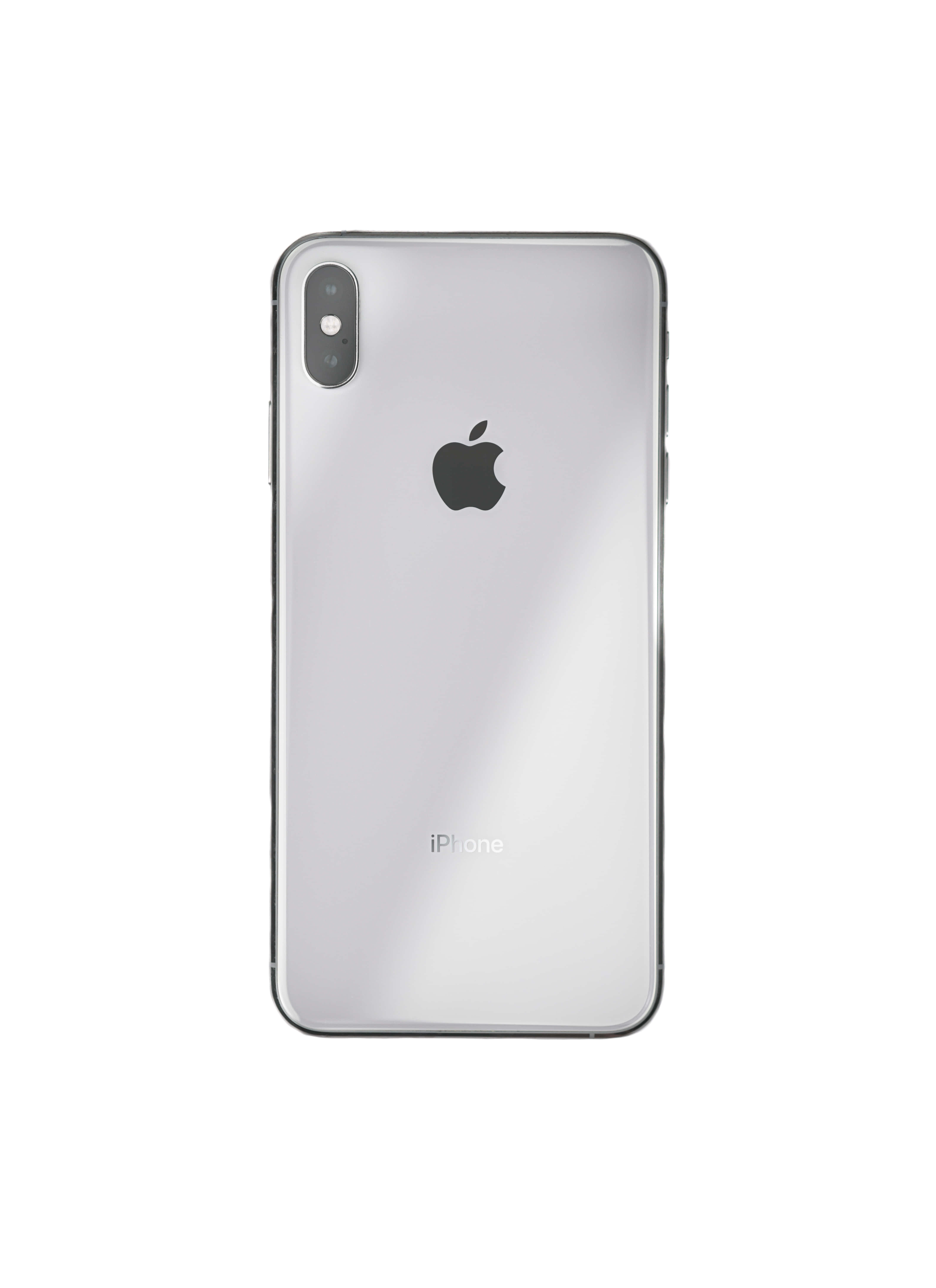 蘋果 桌布 壁紙 — 時尚銀色iPhone X背面視圖，顯示Apple標誌、雙鏡頭及光面處理，背景為白色。