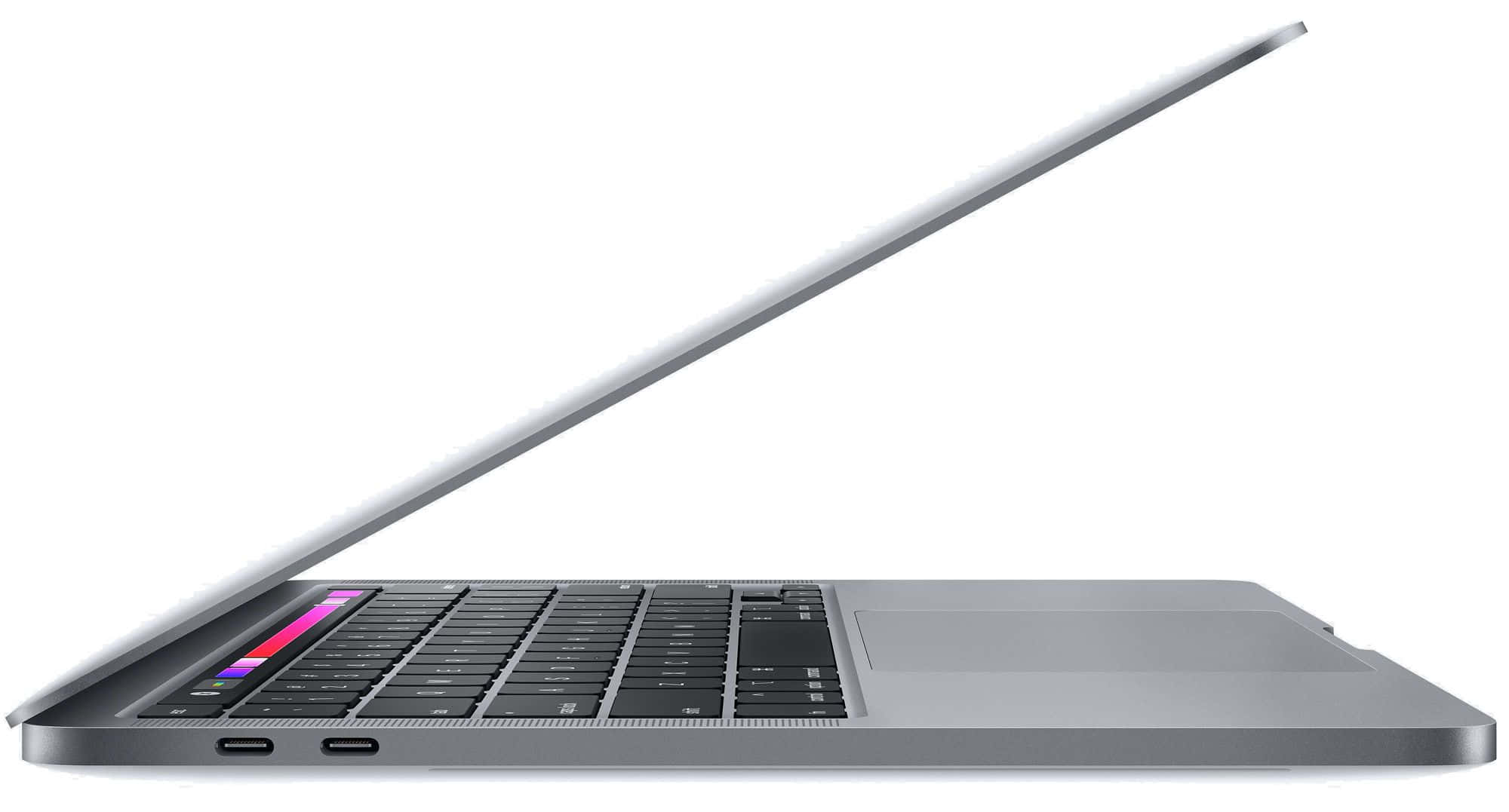 MacBook 動態圖片 桌布 壁紙 — 時尚銀色筆記型電腦傾斜打開，在純白背景上展示鍵盤和觸控板。