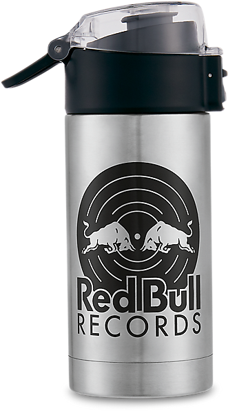 紅牛 桌布 壁紙 — 時尚銀色隔熱水瓶，配黑色蓋子，印有Red Bull Records標誌，圖案為兩頭衝鋒的公牛。