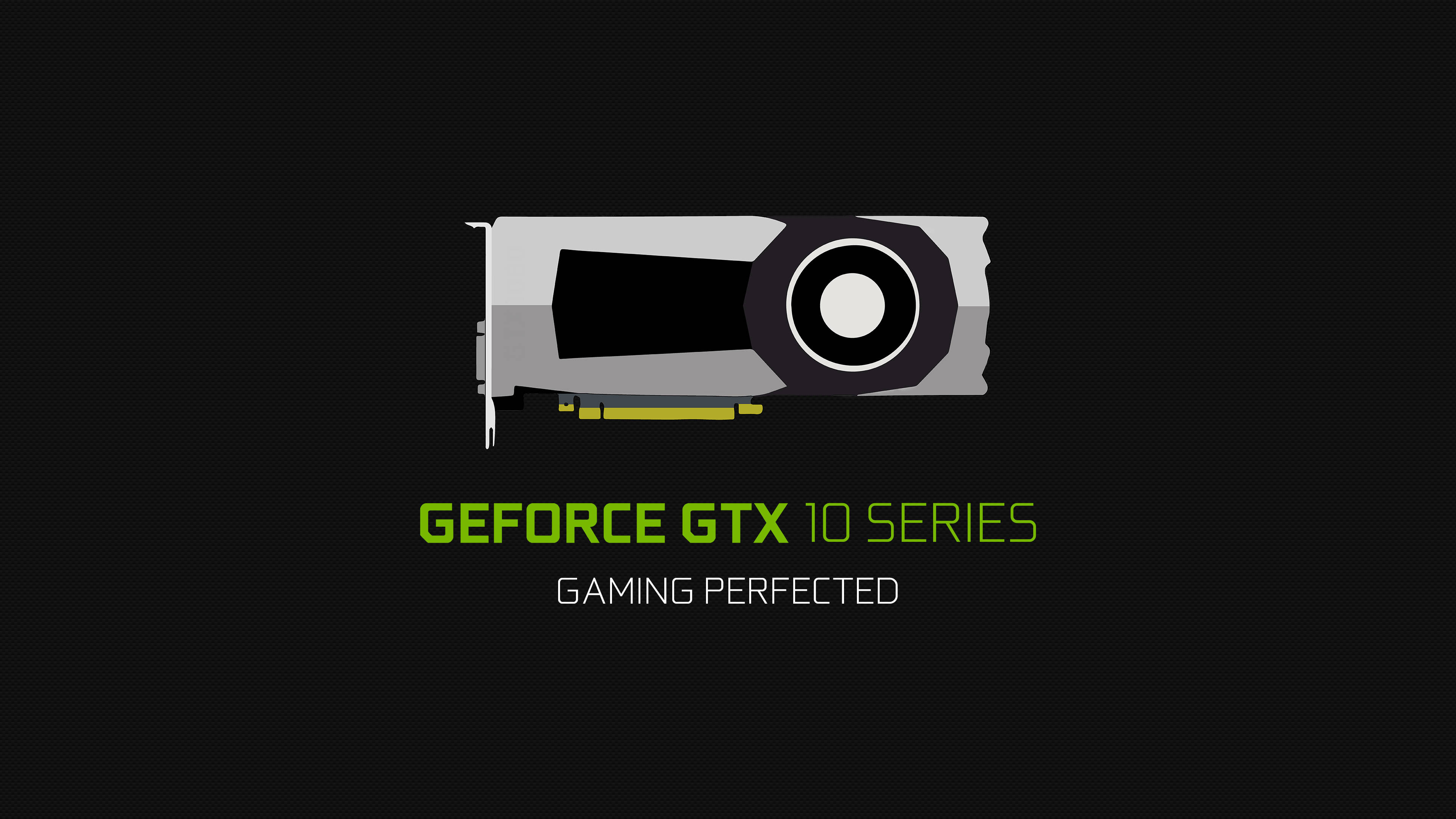 nvidia 桌布 壁紙 — 時尚銀黑色 GeForce GTX 10 系列顯示卡，在深色背景上帶有綠色文字。