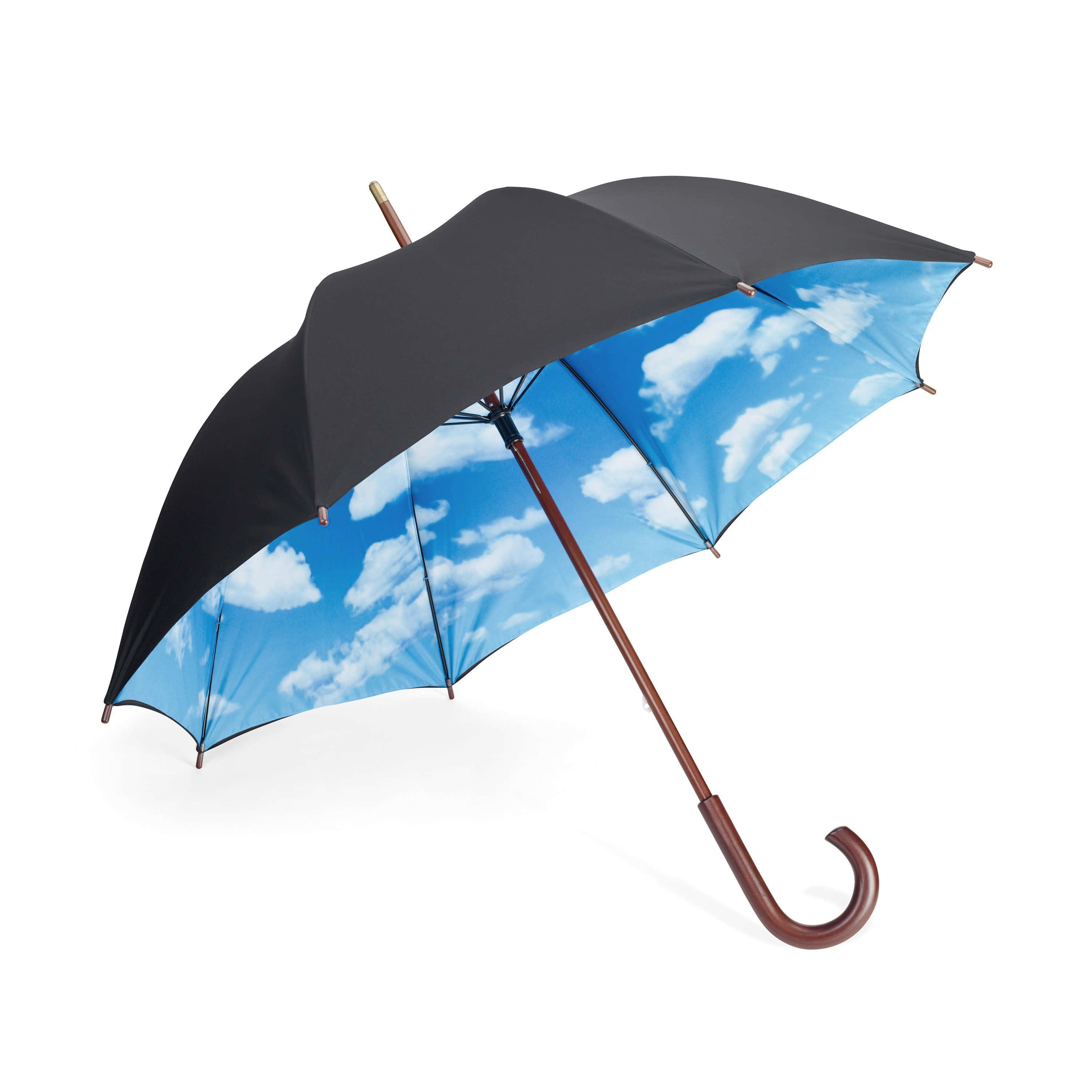 Umbrella 桌布 壁紙 — 時尚雨傘，黑色外部，內部為藍天白雲，木手柄，白色背景上孤立。