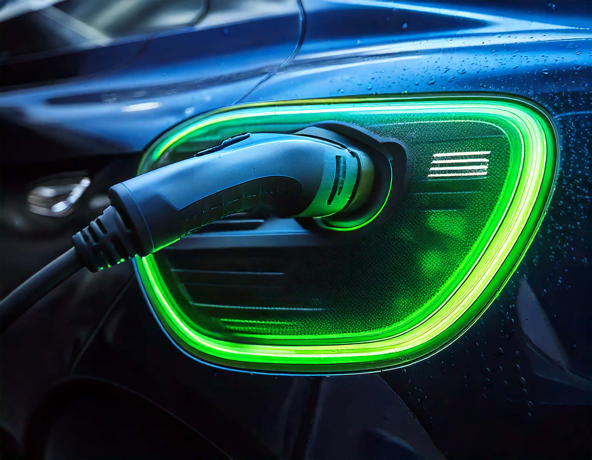 Charging Cable 壁紙 — 時尚電動車充電的特寫，充電口周圍閃爍著鮮豔的綠色霓虹燈。