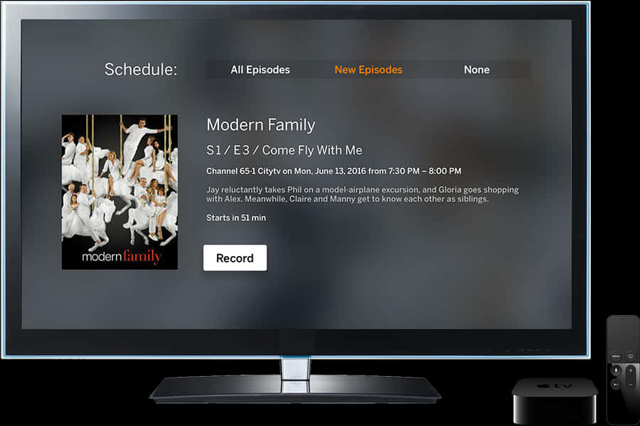 Netflix 桌布 壁紙 — 時尚電視螢幕顯示《摩登家庭》劇集時間表，附有白色服裝的演員照片和錄製選項。
