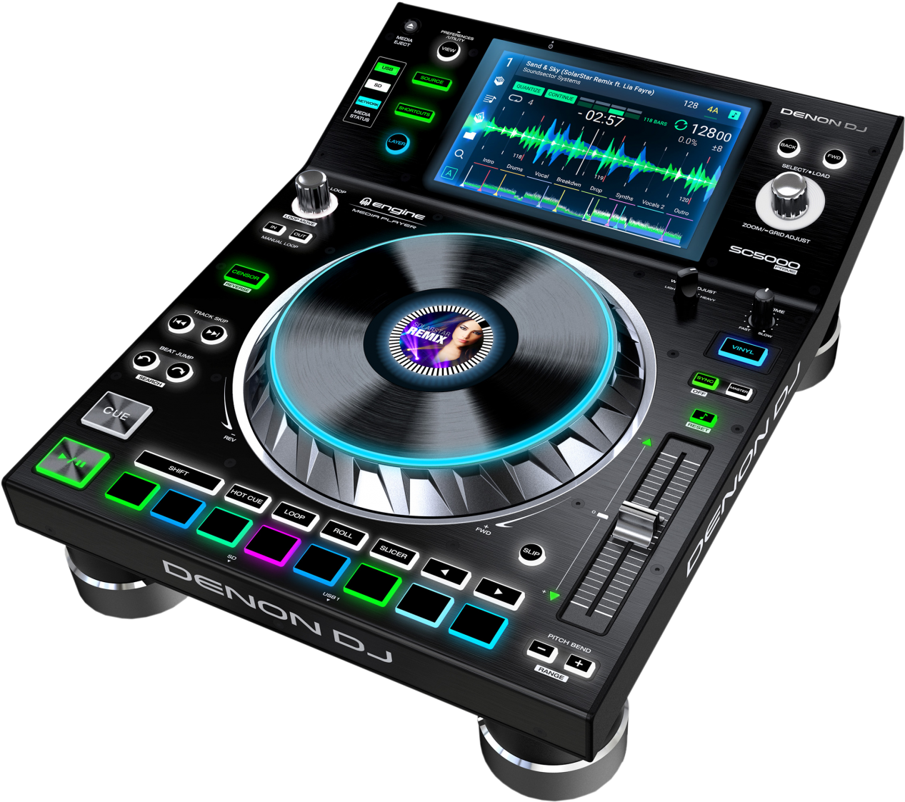 DJ 桌布 壁紙 — 時尚黑色 Denon DJ 控制器，帶有發光的綠色和藍色燈光以及旋轉的黑膠唱片顯示屏。