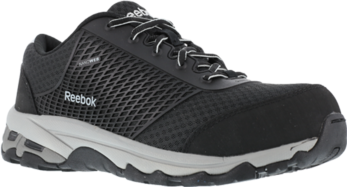 銳步 桌布 壁紙 — 時尚黑色 Reebok 工作鞋，採用網眼鞋面及白色中底，在工作室燈光下展示。