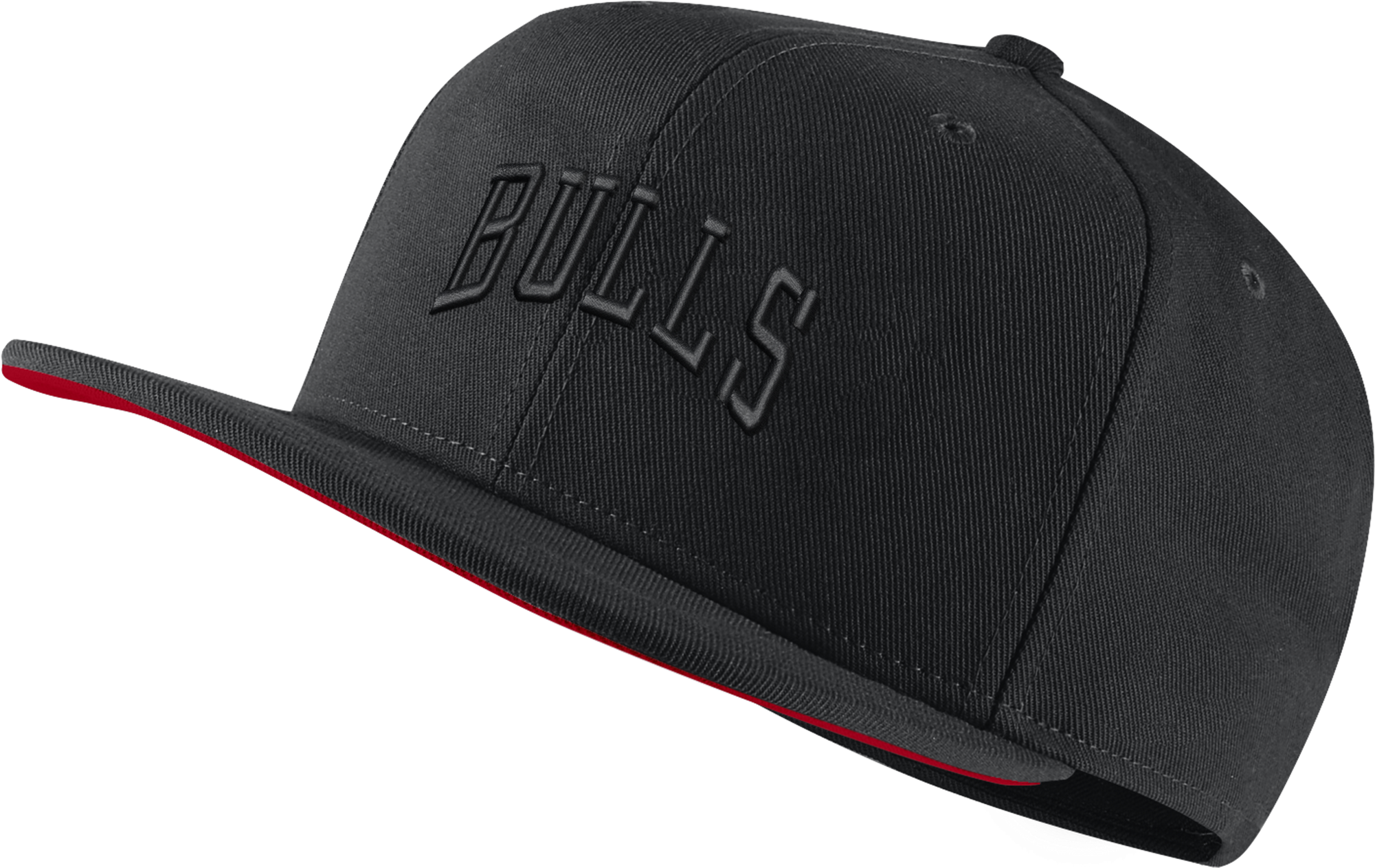 芝加哥公牛 桌布 壁紙 — 時尚黑色 snapback 帽，繡有凸起的 'BULLS' 字樣，並有對比鮮明的紅色帽檐內側。