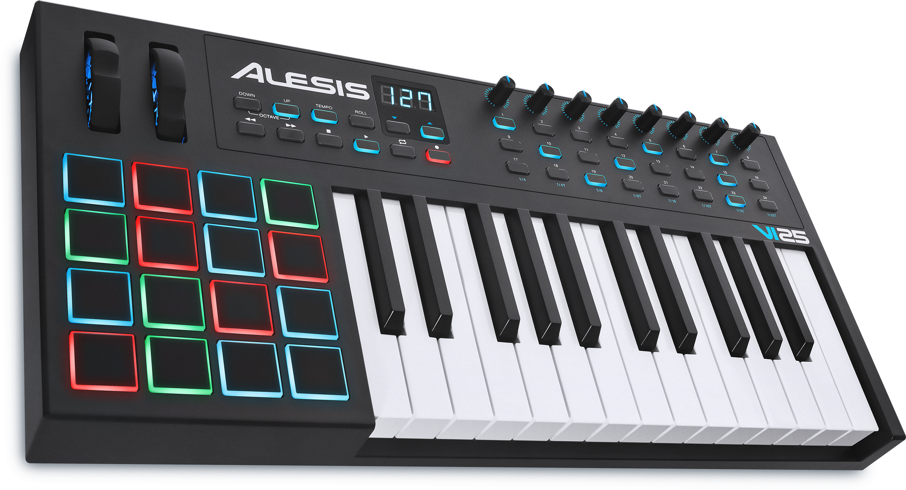 鍵盤 桌布 壁紙 — 時尚黑色Alesis V25 MIDI控制器鍵盤，帶有彩色背光打擊墊和白色琴鍵，背景為深色。