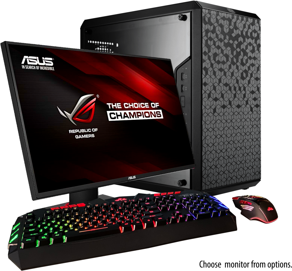 Gaming Computer 桌布 壁紙 — 時尚黑色ASUS ROG遊戲PC設置，配備RGB燈光鍵盤、滑鼠和顯示器，顯示「The Choice of Champions」標語。