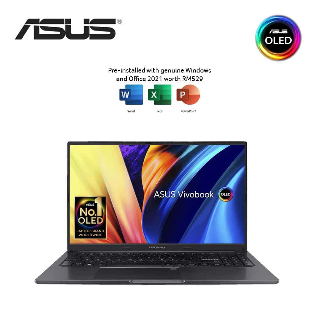 科技動圖 桌布 壁紙 — 時尚黑色ASUS Vivobook筆記型電腦，配備鮮豔OLED顯示器，顯示抽象彩色波浪和Windows Office圖示。
