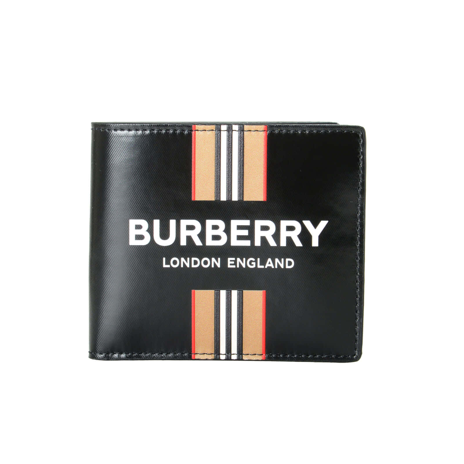 Burberry 桌布 壁紙 — 時尚黑色Burberry錢包，帶有標誌性條紋點綴和醒目的白色品牌標誌，置於潔白背景上。