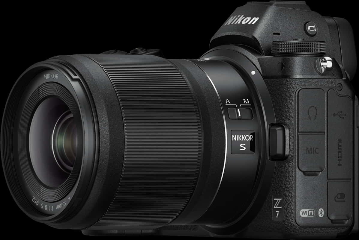 相機 桌布 壁紙 — 時尚黑色Nikon Z7無反相機配備NIKKOR S鏡頭，在攝影棚燈光下以深色背景展示。