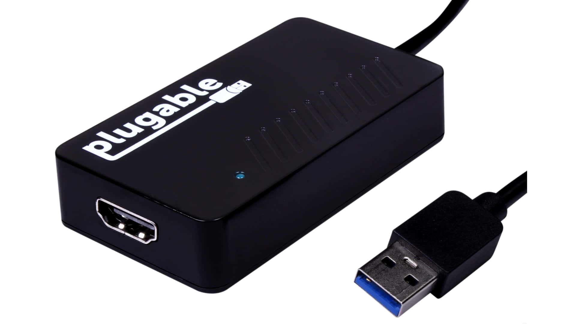Hdmi 桌布 壁紙 — 時尚黑色Plugable USB轉HDMI轉接器，帶藍色USB連接器和發光藍色電源指示燈。
