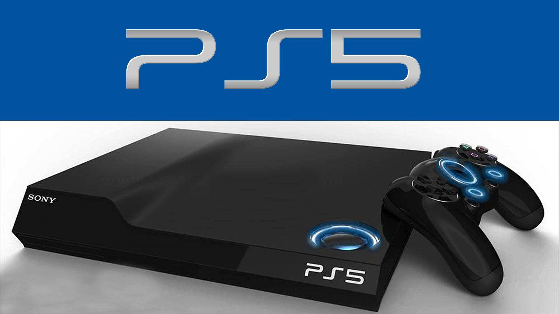 PS5 動態圖片 桌布 壁紙 — 時尚黑色PS5主機和控制器，帶有發光藍色燈光，放置在白色表面上，背景為大膽的藍色，帶有銀色PS5標誌。
