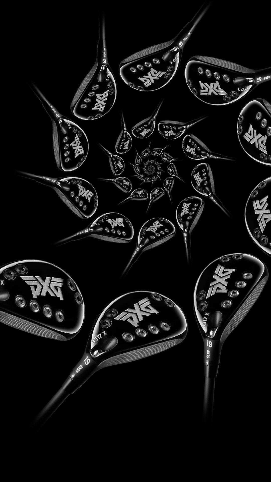  壁紙 — 時尚黑色PXG高爾夫球桿頭以動態放射狀圖案排列在純黑色背景上。