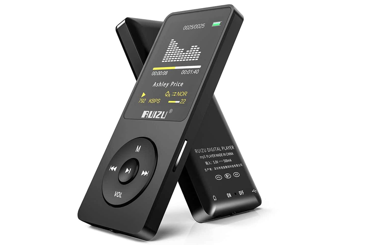 Music Player 桌布 壁紙 — 時尚黑色RUIZU數位音樂播放器在純白背景上顯示歌曲資訊和等化器。