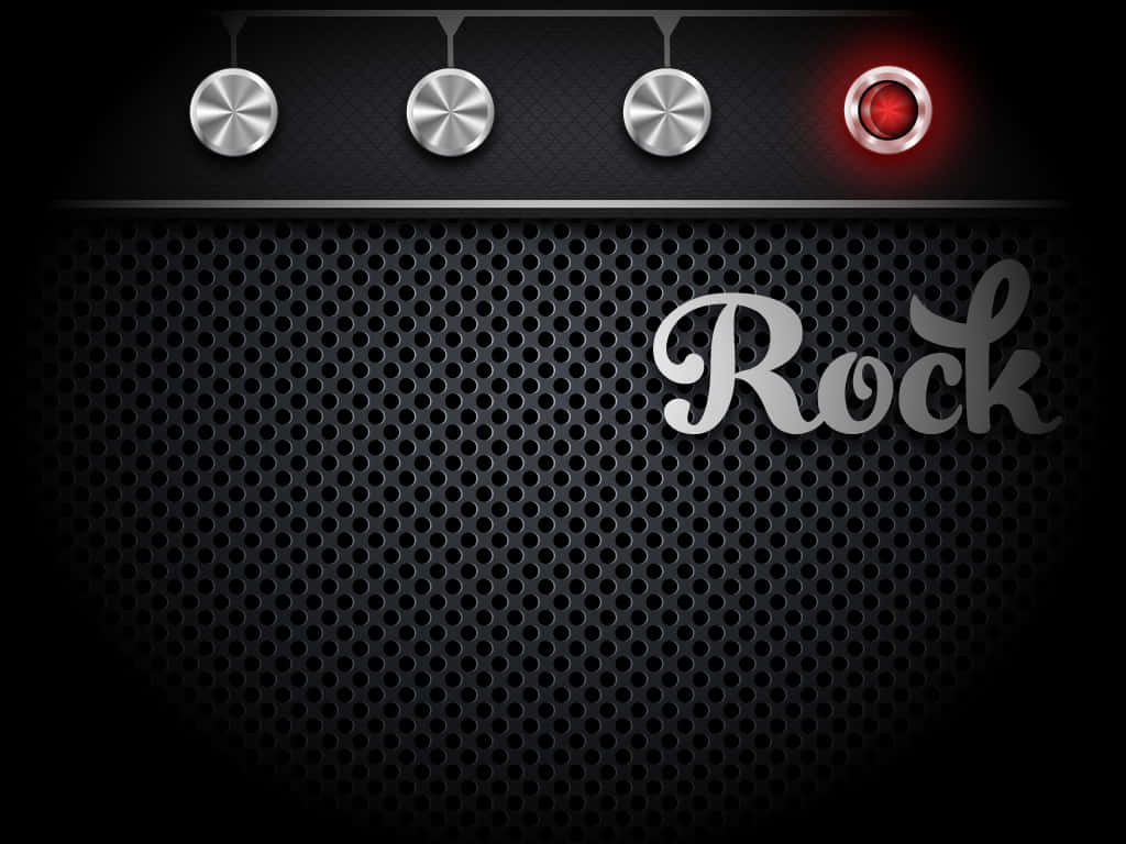 Guitar Amp 桌布 壁紙 — 時尚黑色吉他音箱，配備銀色旋鈕及紅色發光電源按鈕，以金屬字體顯示「Rock」字樣。