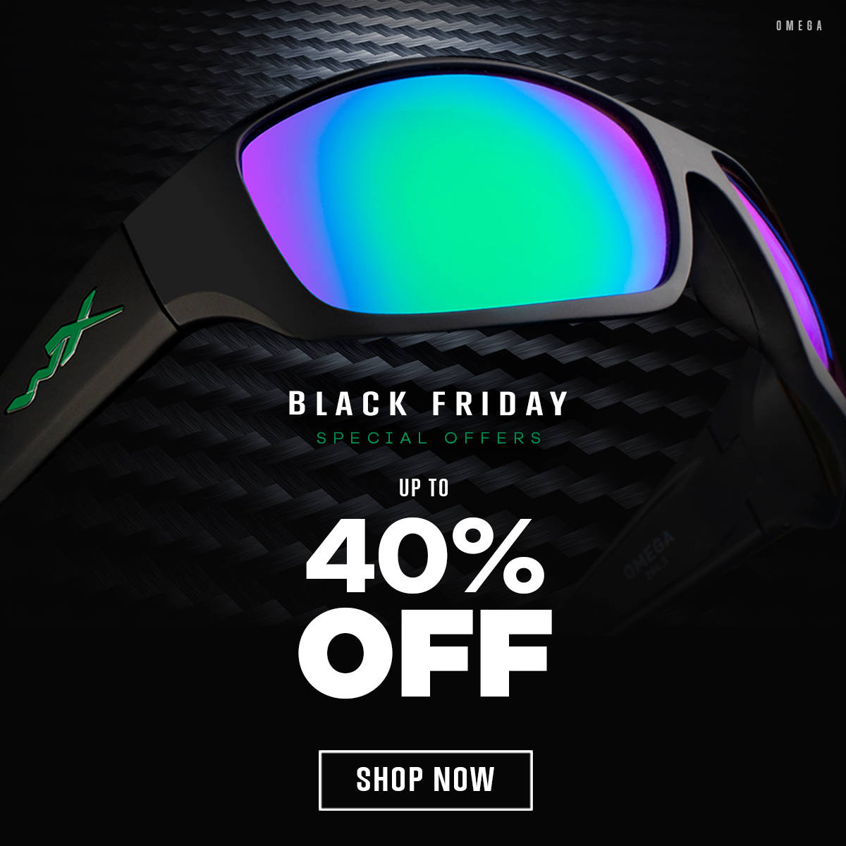 Sunglasses 桌布 壁紙 — 時尚黑色太陽眼鏡配虹彩鏡片，放置於碳纖維紋理上，以粗體白色文字宣傳黑色星期五促銷活動。