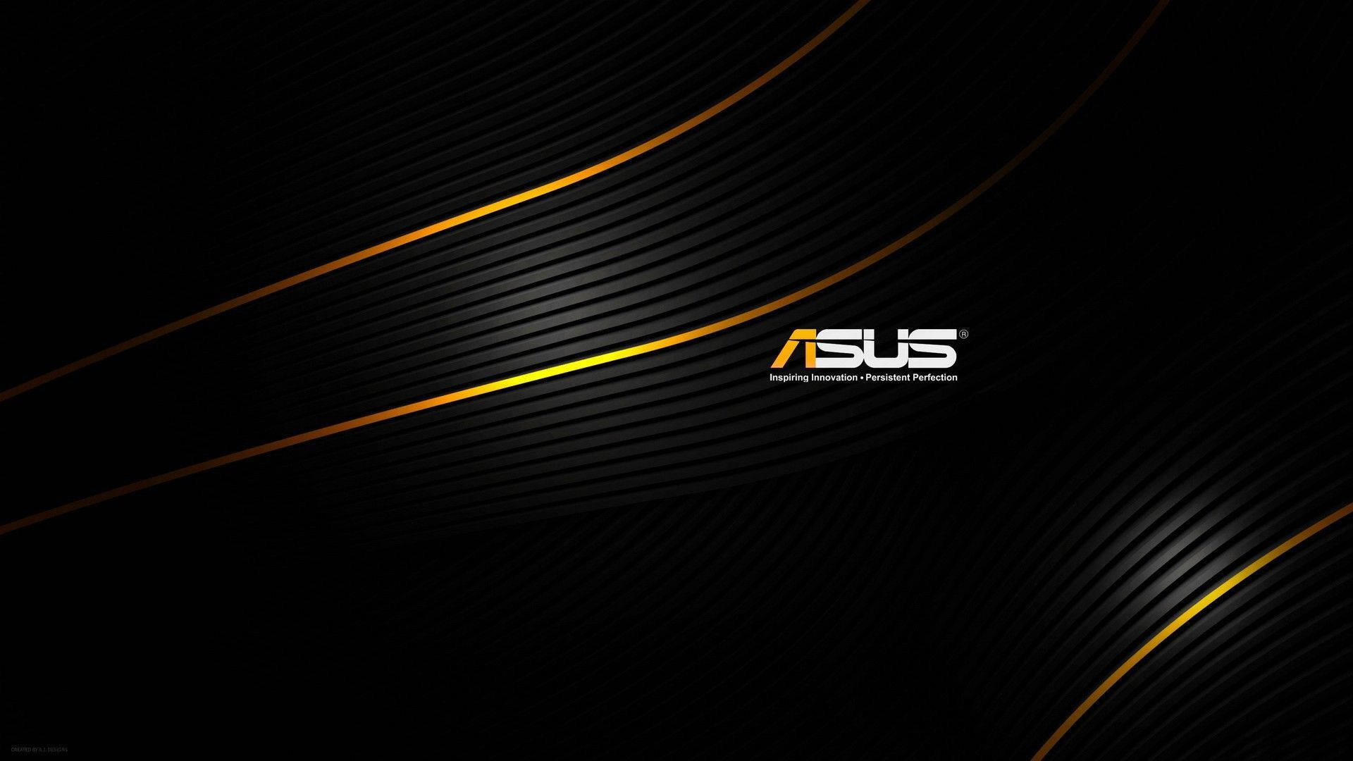 ASUS 桌布 壁紙 — 時尚黑色桌布，帶有發光金色曲線和ASUS標誌，置中於極簡數位藝術中。