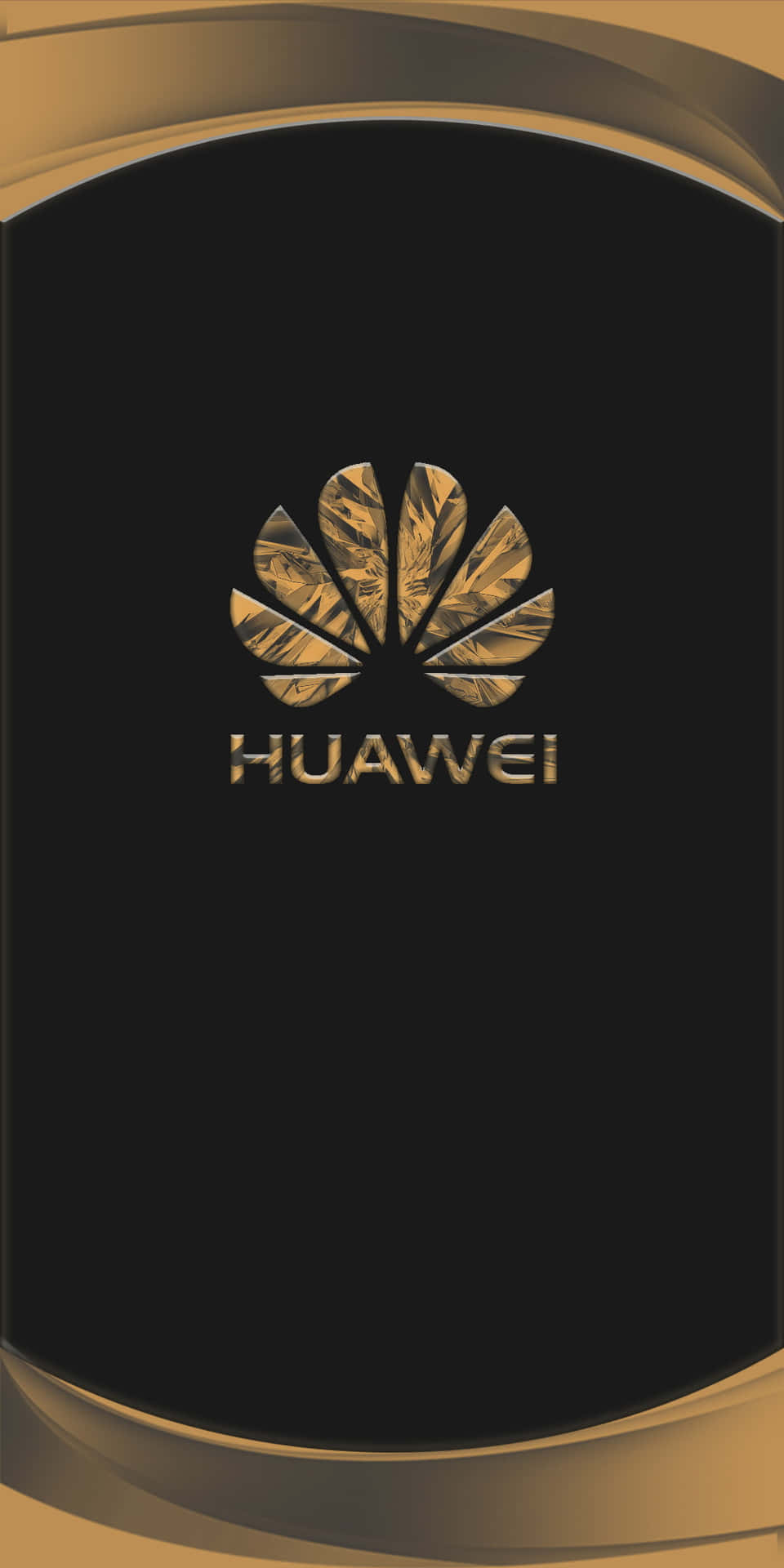 金色華為標誌在黑色背景上，帶有彎曲金色邊框 — 華為 GIF 壁紙