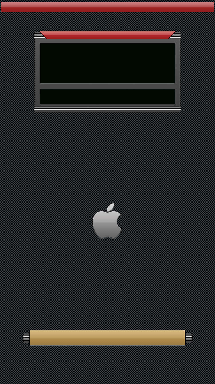 Retro iPhone 桌布 壁紙 — 時尚黑色桌布，銀色Apple標誌居中於紅色和金色水平條之間，背景為格子圖案。