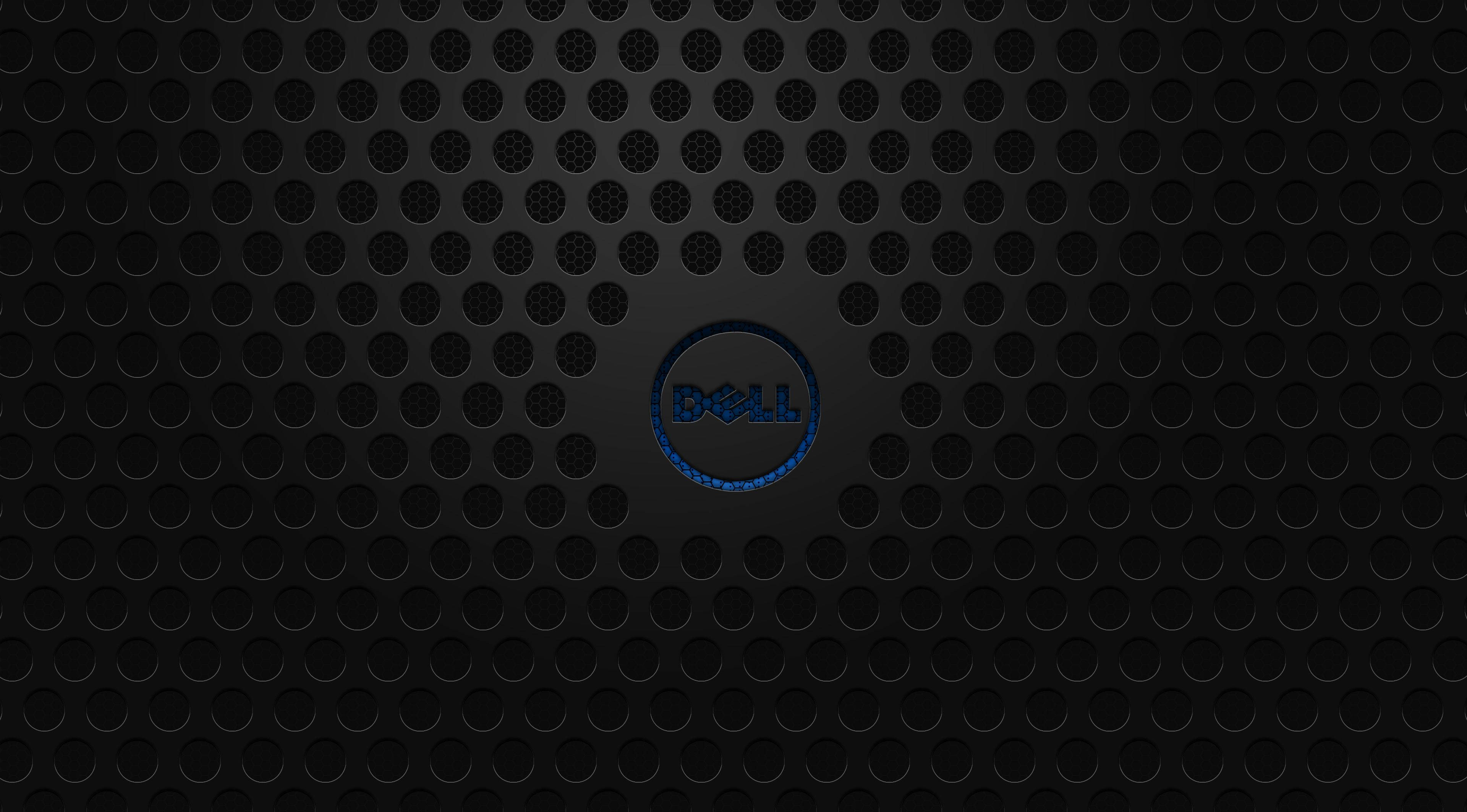 Dell 桌布 壁紙 — 時尚黑色穿孔表面，中央有發光藍色Dell標誌，極簡科技設計。