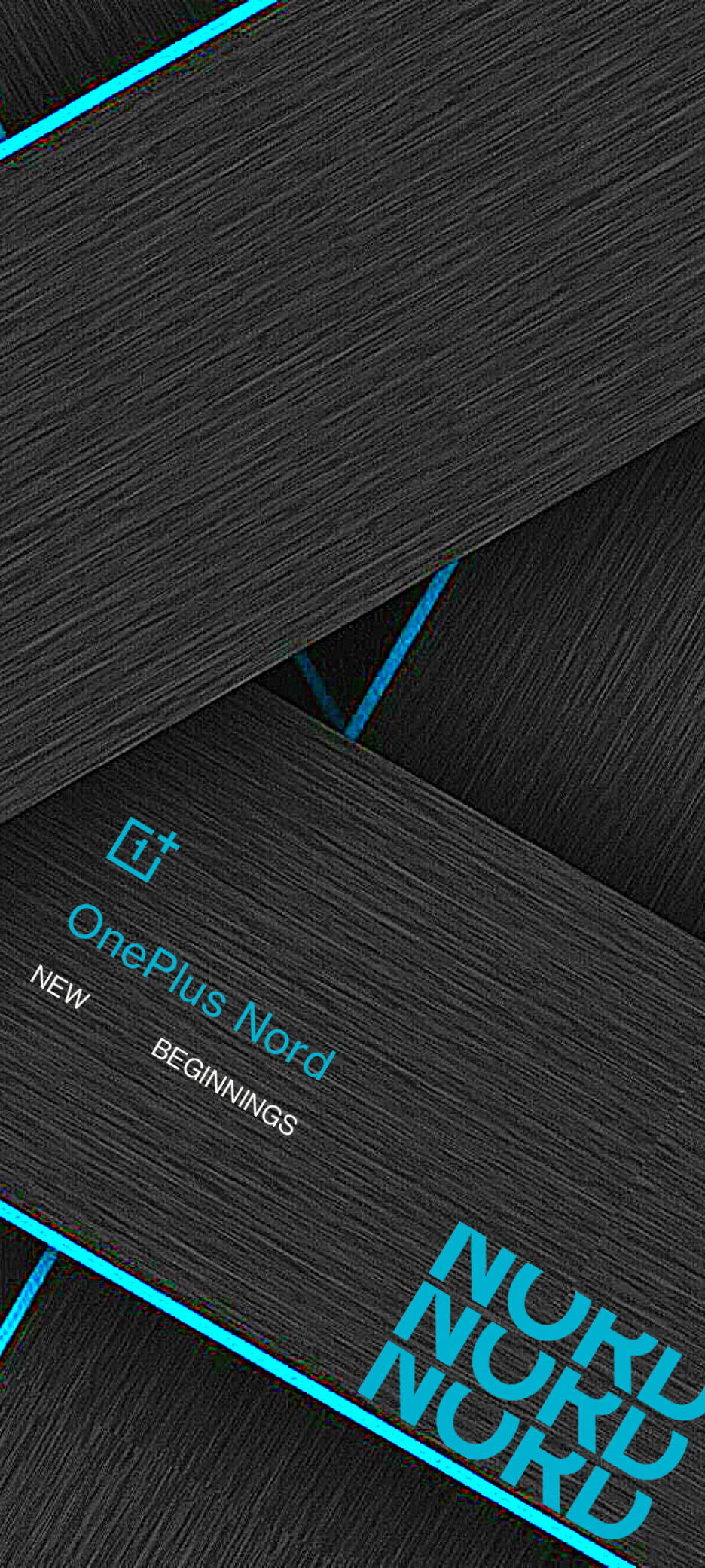 一加 桌布 壁紙 — 時尚黑色紋理壁紙，帶有鮮明的青色OnePlus Nord品牌標誌和對角線。