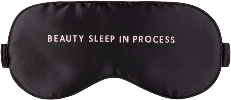 睡眠 桌布 壁紙 — 時尚黑色緞面睡眠眼罩，帶有白色文字beauty sleep in process。