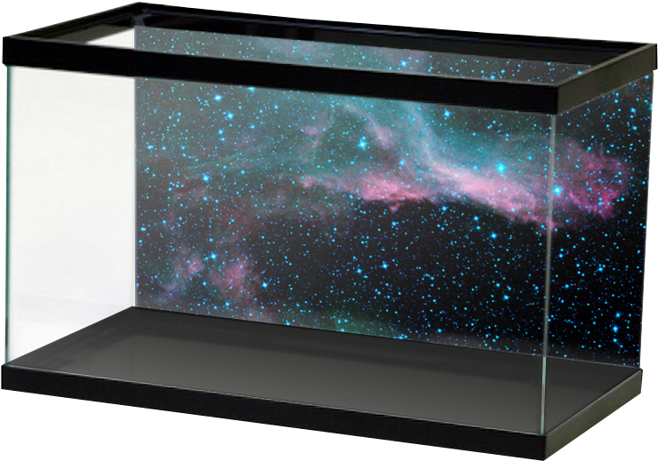 水族箱 桌布 壁紙 — 時尚黑色邊框水族箱展示出一個生動的宇宙星雲，在深邃的黑色虛空中閃耀著粉紅色和藍綠色的星星。