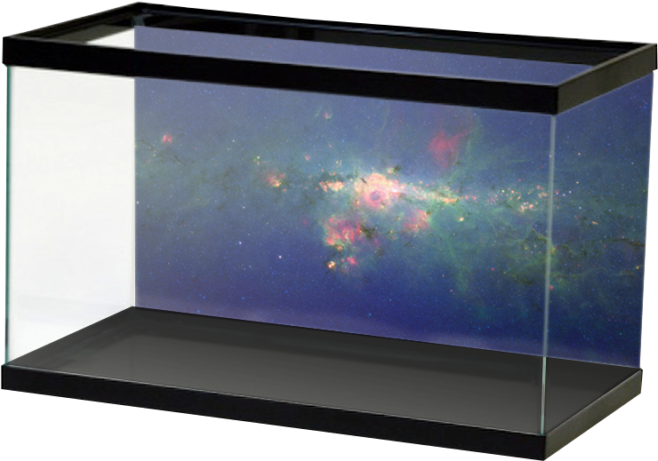 水下動畫 桌布 壁紙 — 時尚黑色邊框水族箱展示出色彩鮮豔的宇宙星雲，帶有旋轉的粉紅、綠色和藍色星場。