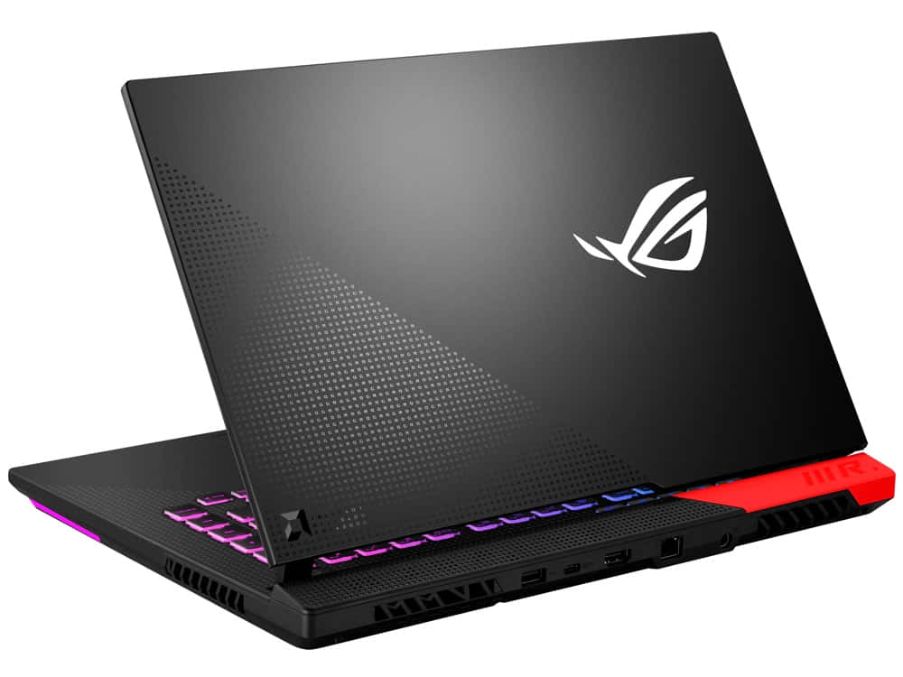 ASUS 桌布 壁紙 — 時尚黑色電競筆電，帶有鮮豔的紫色和紅色點綴及RGB鍵盤燈光。