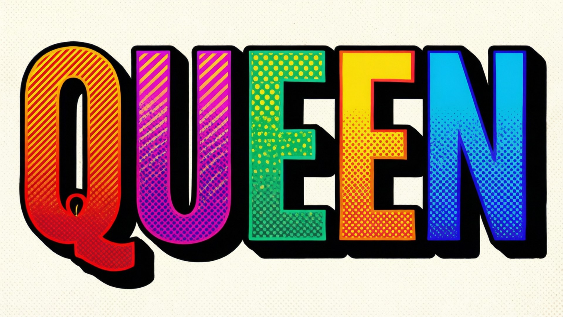 普普藝術女王字體 壁紙 — 大膽多彩的漫畫風格文字，拼出 'QUEEN'，帶有漸層填充和半色調圖案，背景為紋理米白色。