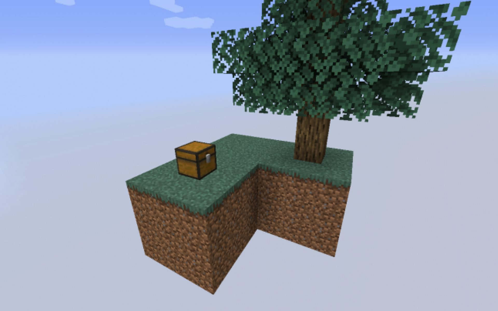 Minecraft Sky Block 桌布 壁紙 — 晴朗天空下，浮空草塊上有一個木製儲物箱和一棵樹的像素化Minecraft場景。